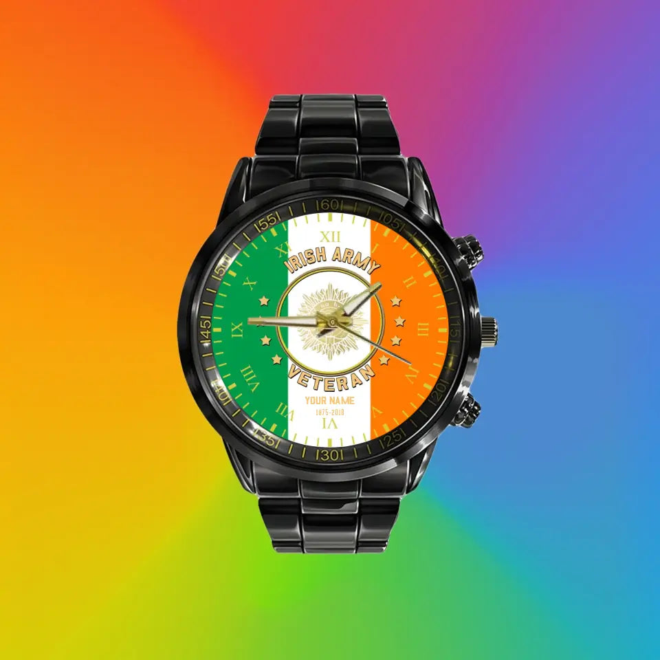 Personalized Ireland Soldier/ Veteran With Name And Rank Black Stainless Steel Watch - 17120160 - Gold Version