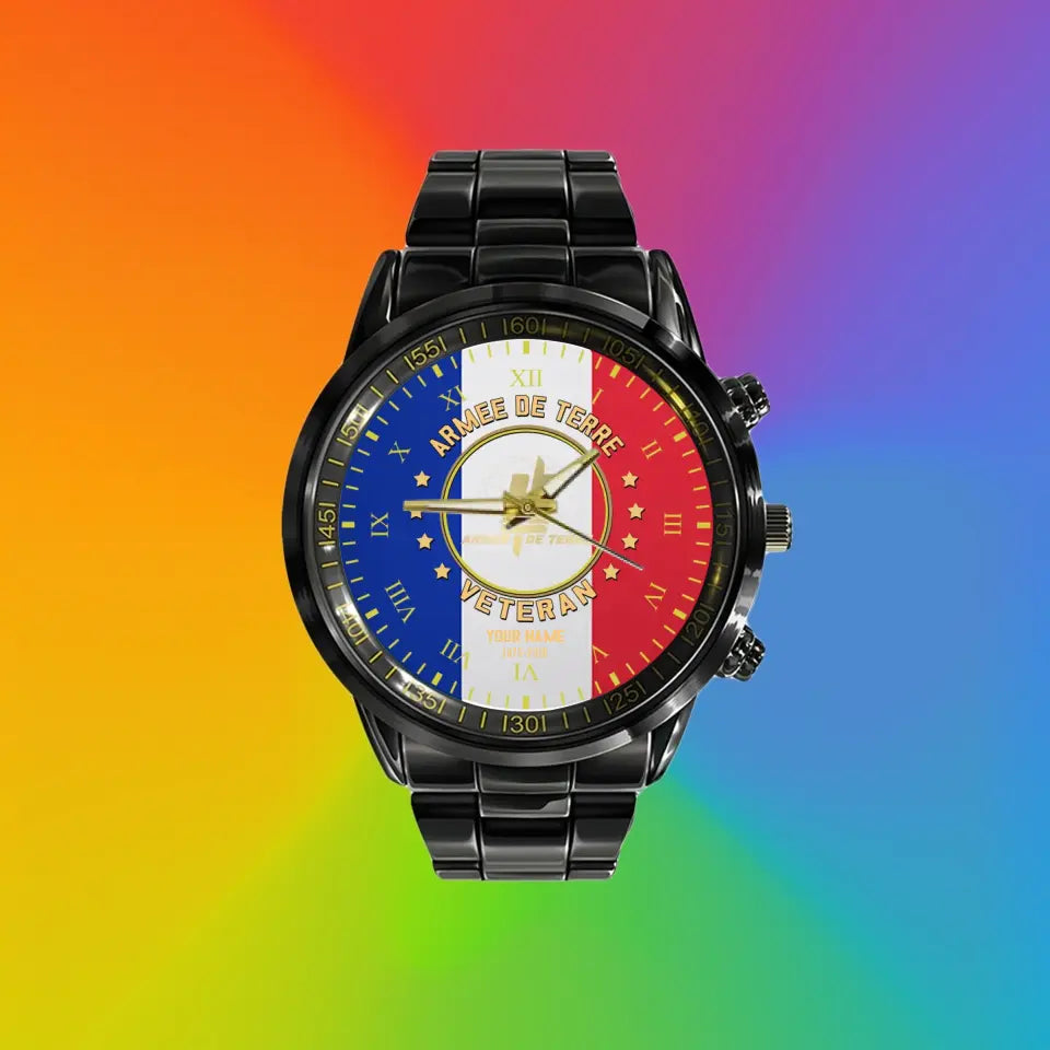 Personalized France Soldier/ Veteran With Name And Rank Black Stainless Steel Watch - 17120160 - Gold Version