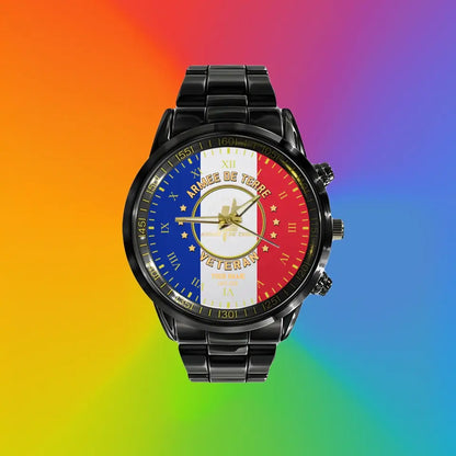 Personalized France Soldier/ Veteran With Name And Rank Black Stainless Steel Watch - 17120160 - Gold Version