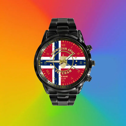 Personalized Norway Soldier/ Veteran With Name And Rank Black Stainless Steel Watch - 0204240001 - Gold Version