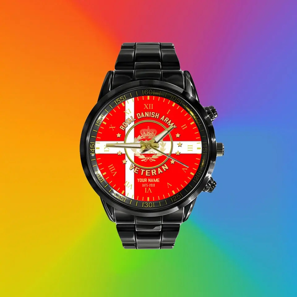 Personalized Denmark Soldier/ Veteran With Name And Rank Black Stainless Steel Watch - 17120160 - Gold Version