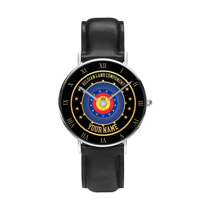 Personalized Belgium Soldier/ Veteran With Name Black Stitched Leather Watch - 05042401 QA - Gold Version