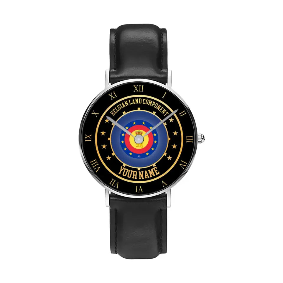 Montre personnalisée en cuir noir avec nom pour soldat/vétéran belge - 05042401 QA - Version dorée
