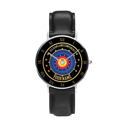 Montre personnalisée en cuir noir avec nom pour soldat/vétéran belge - 05042401 QA - Version dorée
