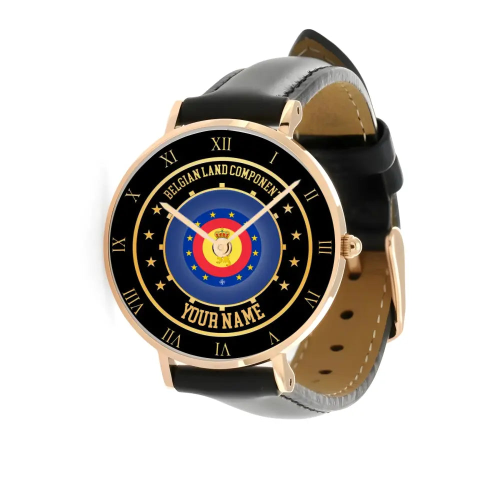 Montre personnalisée en cuir noir avec nom pour soldat/vétéran belge - 05042401 QA - Version dorée