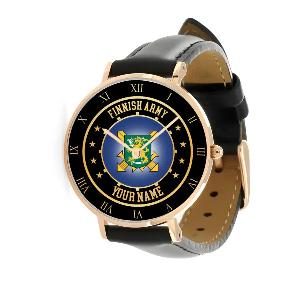 Personalized Finland Soldier/ Veteran With Name Black Stitched Leather Watch - 05042401 QA - Gold Version