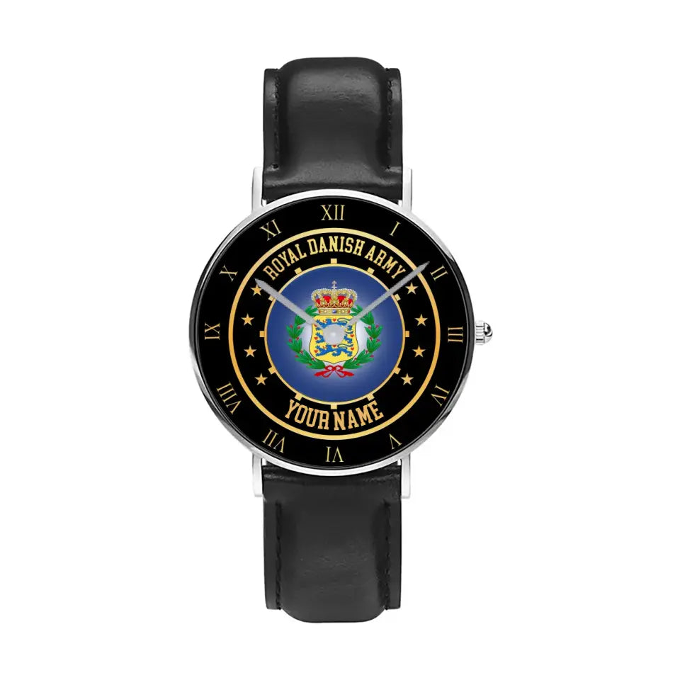 Personalized Denmark Soldier/ Veteran With Name Black Stitched Leather Watch - 05042401 QA - Gold Version