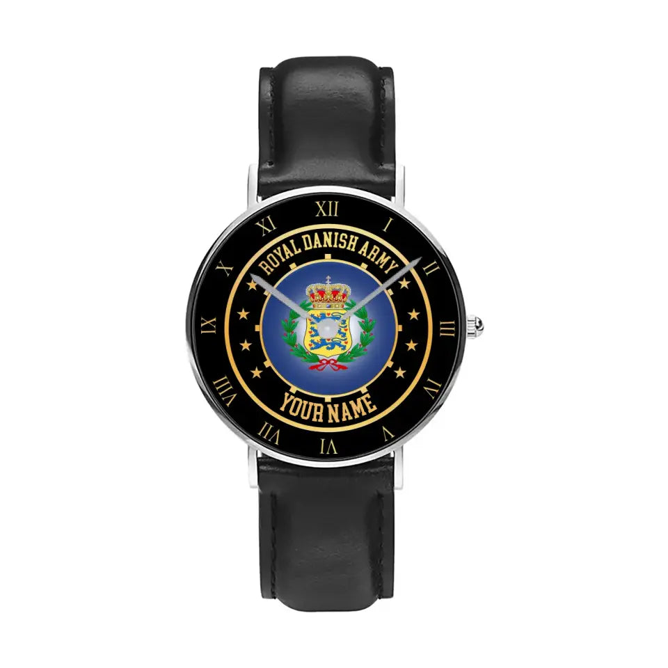 Personalized Denmark Soldier/ Veteran With Name Black Stitched Leather Watch - 17122752  - Gold Version
