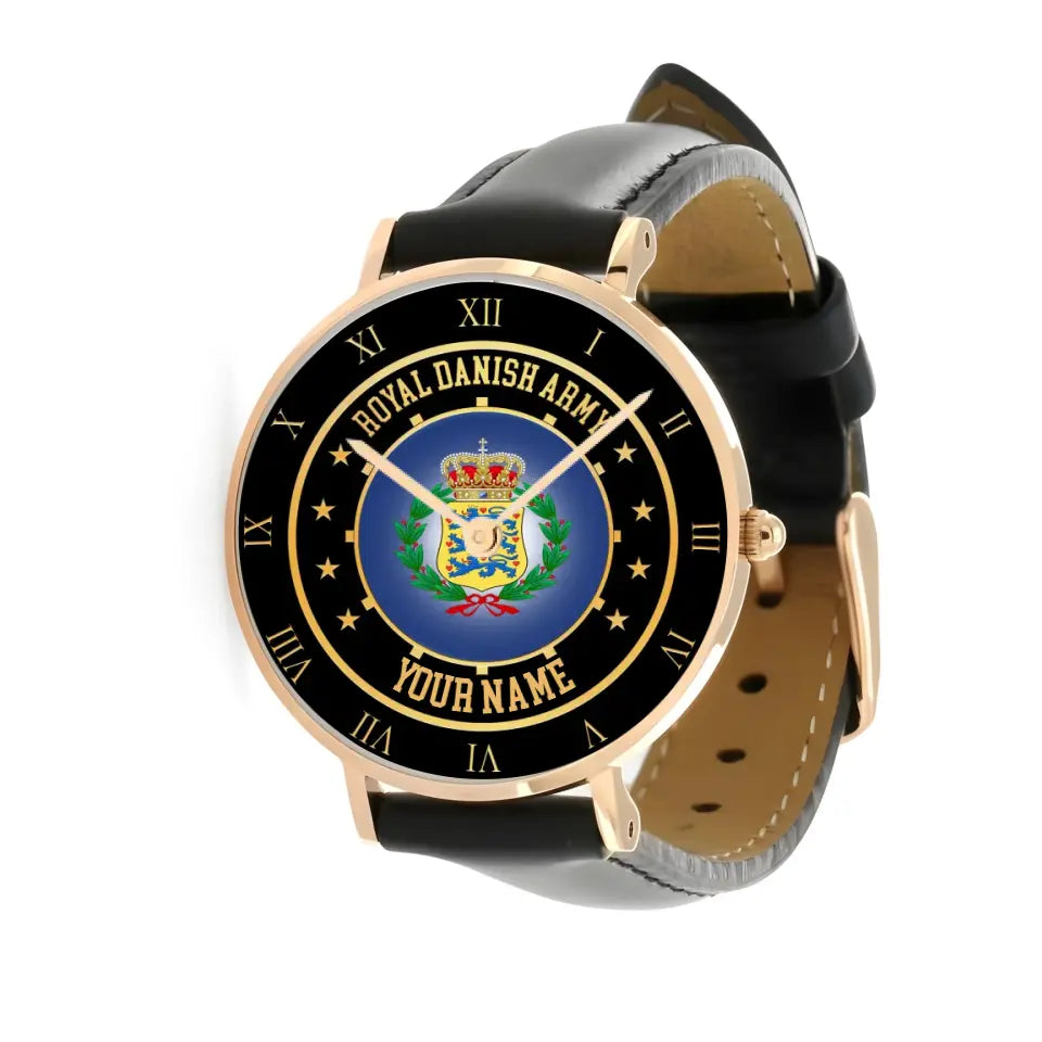 Personalized Denmark Soldier/ Veteran With Name Black Stitched Leather Watch - 17122752  - Gold Version