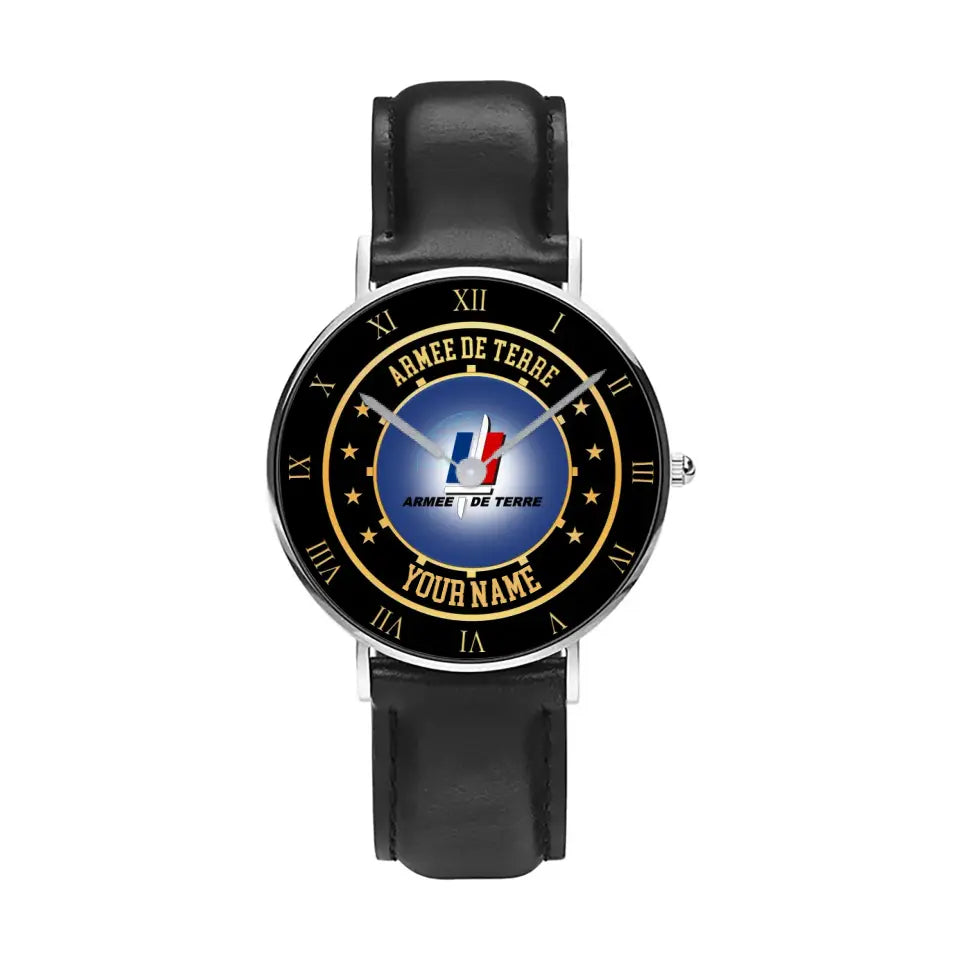 Personalized France Soldier/ Veteran With Name Black Stitched Leather Watch - 05042401 QA - Gold Version