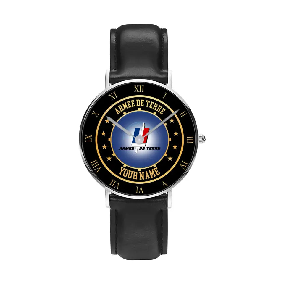Personalized France Soldier/ Veteran With Name Black Stitched Leather Watch - 17122752 - Gold Version
