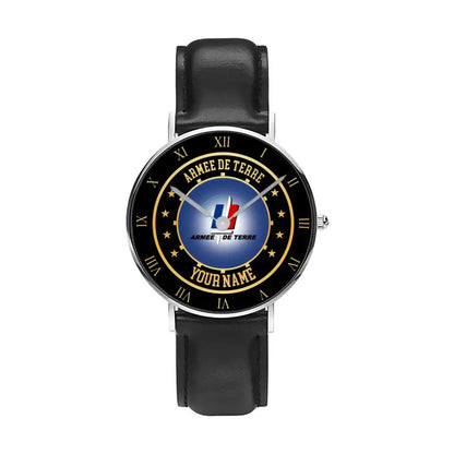 Personalized France Soldier/ Veteran With Name Black Stitched Leather Watch - 17122752 - Gold Version