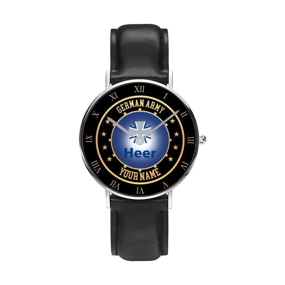 Personalized Germany Soldier/ Veteran With Name Black Stitched Leather Watch - 05042401 QA - Gold Version