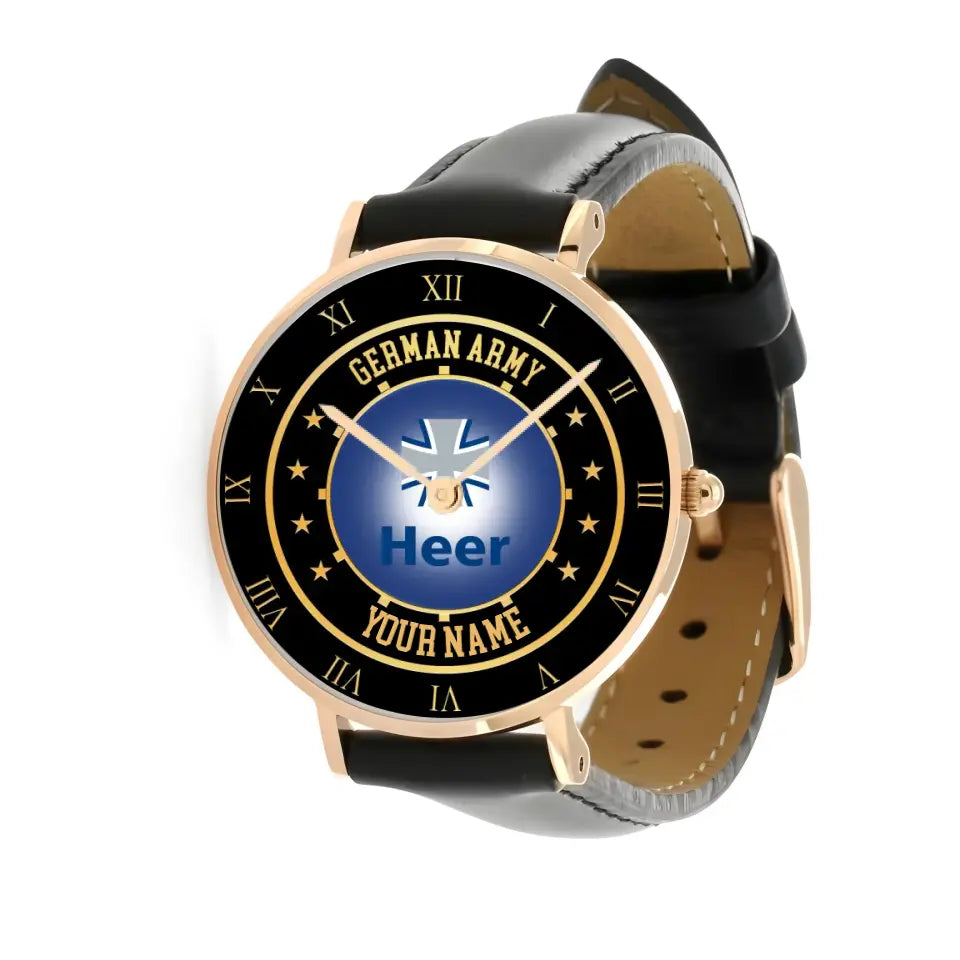 Personalized Germany Soldier/ Veteran With Name Black Stitched Leather Watch - 17122752 - Gold Version