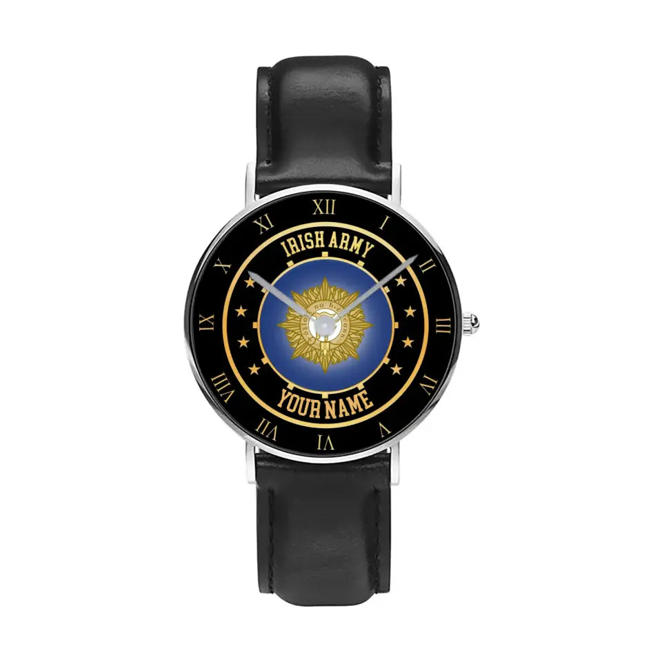 Personalized Ireland Soldier/ Veteran With Name Black Stitched Leather Watch - 17122752 - Gold Version
