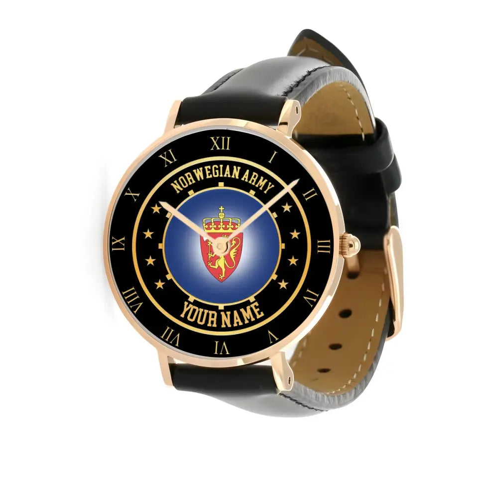 Personalized Norway Soldier/ Veteran With Name Black Stitched Leather Watch - 05042401 QA - Gold Version