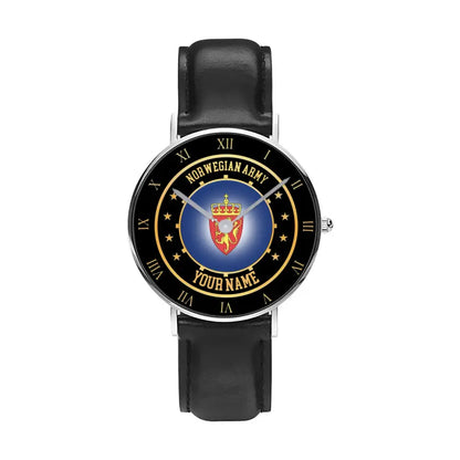 Personalized Norway Soldier/ Veteran With Name Black Stitched Leather Watch - 05042401 QA - Gold Version