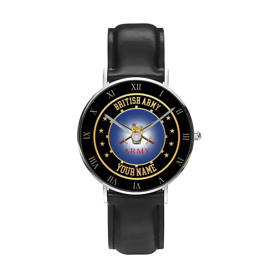 Personalized UK Soldier/ Veteran With Name Black Stitched Leather Watch - 17122752 - Gold Version