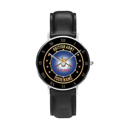 Personalized UK Soldier/ Veteran With Name Black Stitched Leather Watch - 17122752 - Gold Version