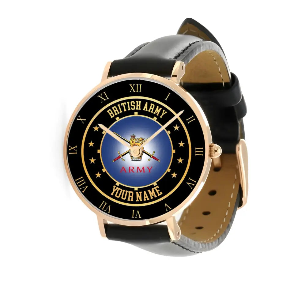 Personalized UK Soldier/ Veteran With Name Black Stitched Leather Watch - 17122752 - Gold Version