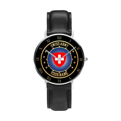 Personalized Swiss Soldier/ Veteran With Name Black Stitched Leather Watch - 17122752 - Gold Version