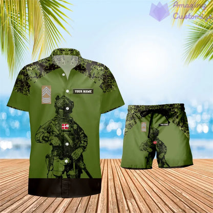 Personalized Denmark Soldier/ Veteran Camo With Rank Combo Hawaii Shirt + Short 3D Printed - 17023392