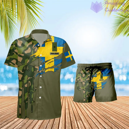 Personalized Sweden Soldier/ Veteran Camo With Rank Combo Hawaii Shirt + Short 3D Printed - 0311230001QA