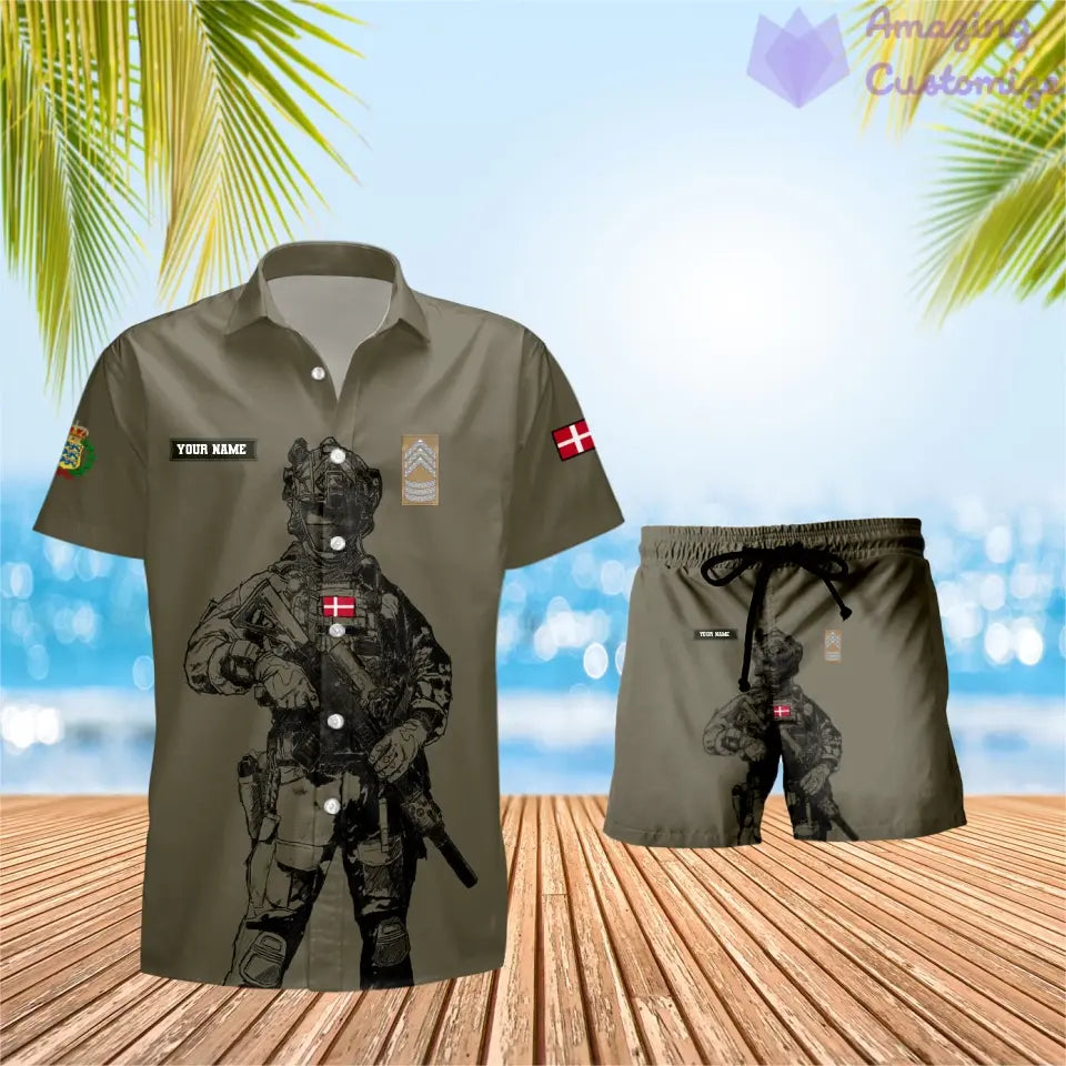 Personalized Denmark Soldier/ Veteran Camo With Rank Combo Hawaii Shirt + Short 3D Printed - 17133120