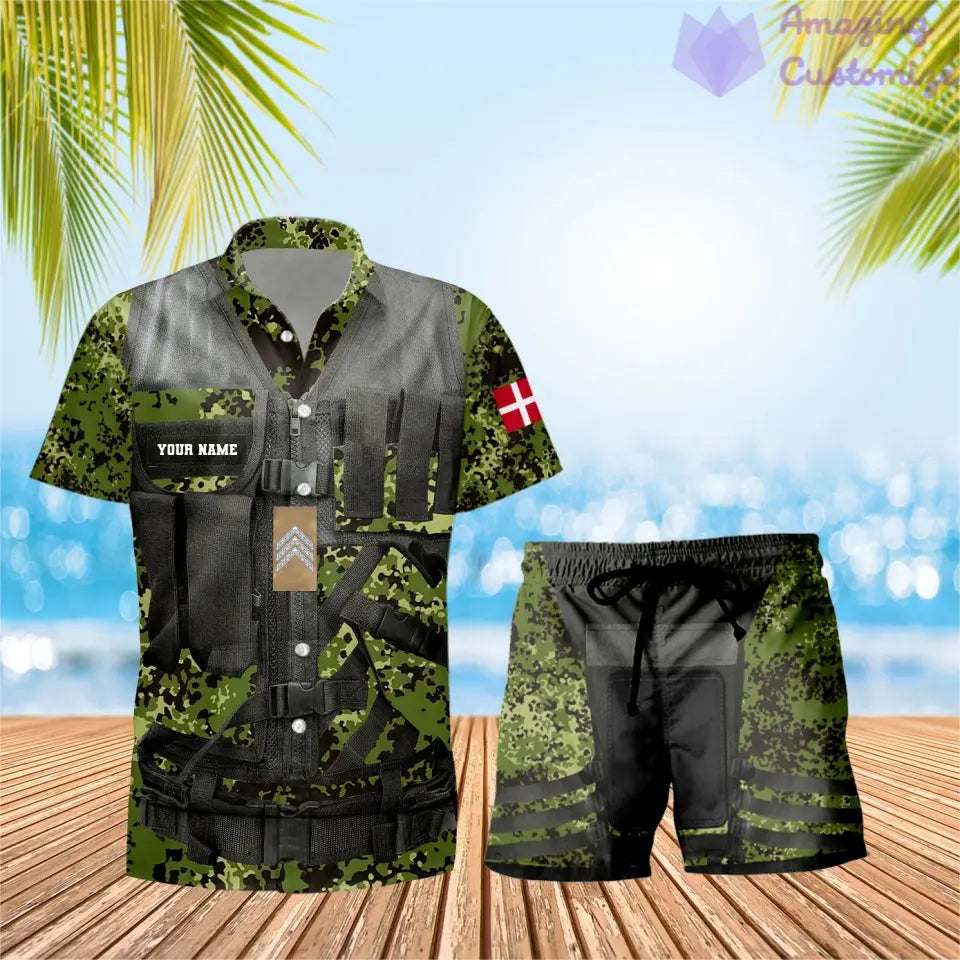 Personalized Denmark Soldier/ Veteran Camo With Rank Combo Hawaii Shirt + Short 3D Printed - 22042401QA