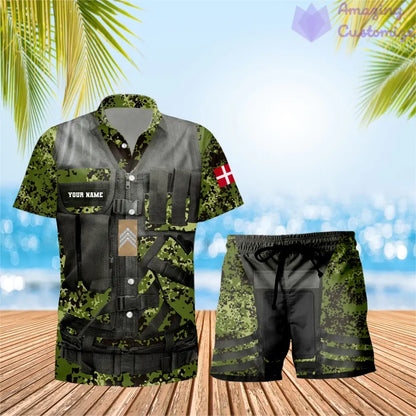 Personalized Denmark Soldier/ Veteran Camo With Rank Combo Hawaii Shirt + Short 3D Printed - 17137440