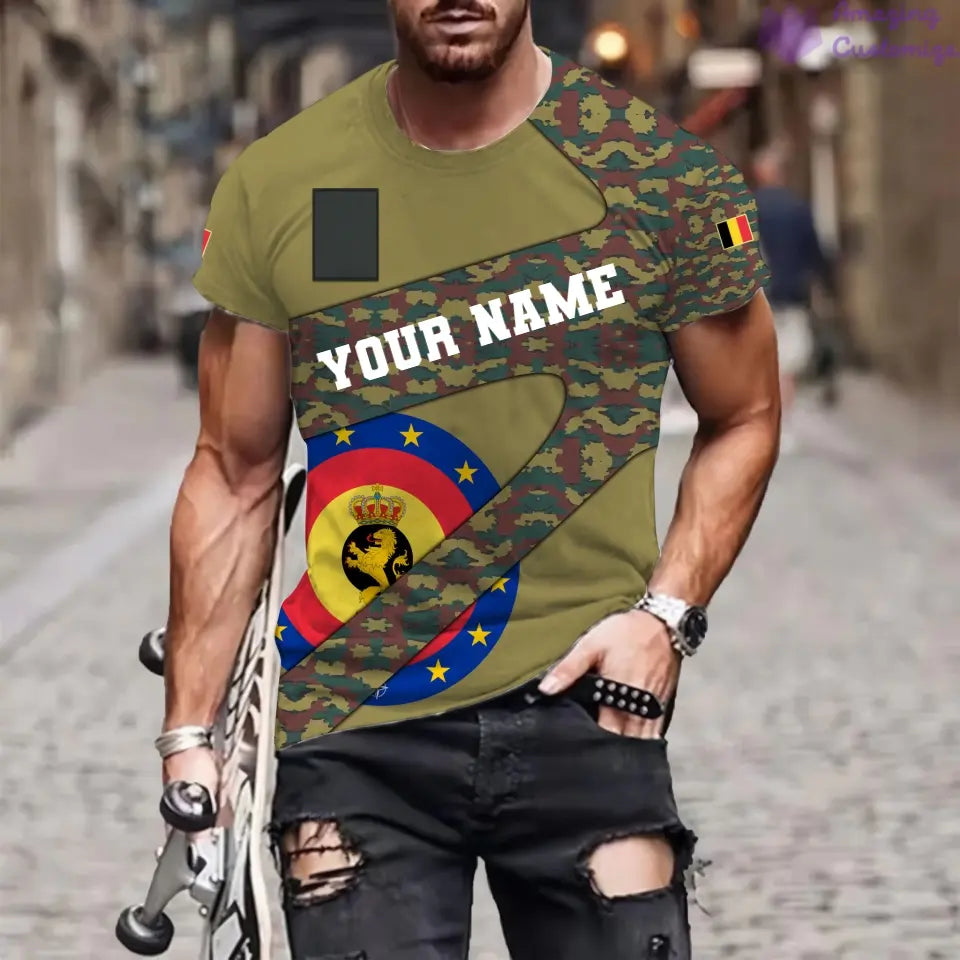 Personalized Belgium Soldier/ Veteran Camo With Name And Rank T-Shirt 3D Printed  - 3001240001