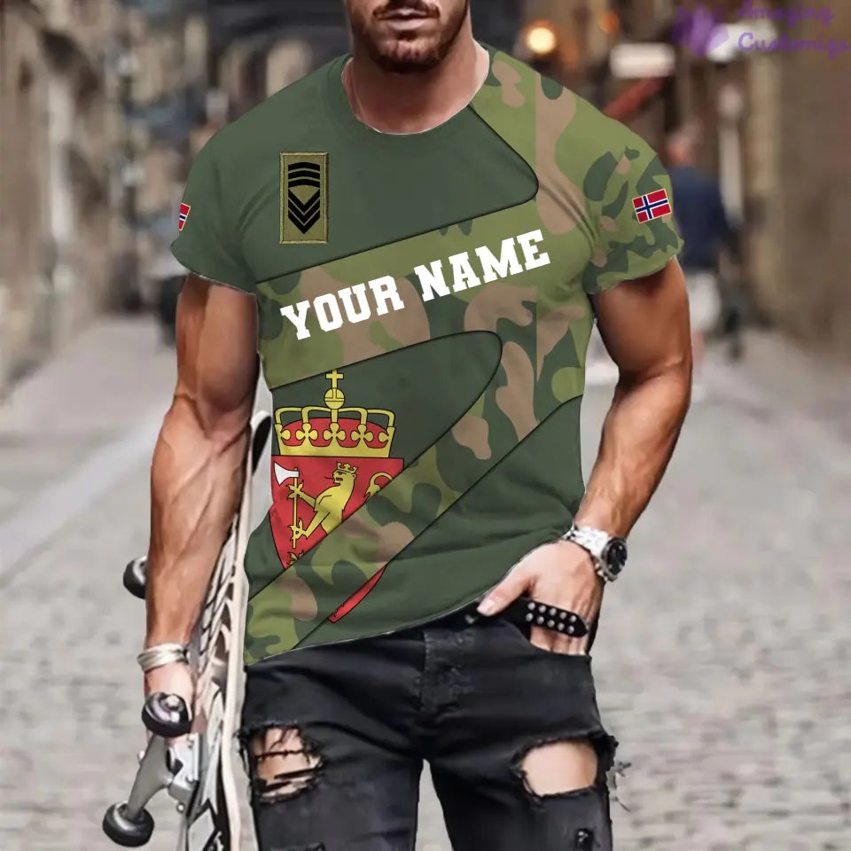 Personalisiertes T-Shirt mit norwegischem Soldaten-/Veteranen-Tarnmuster mit Namen und Rang, 3D-Druck – 3001240001QA