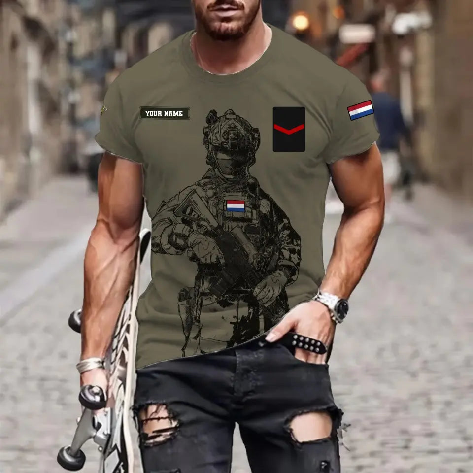 T-shirt personnalisé avec camouflage soldat/vétéran des Pays-Bas avec nom et grade imprimé en 3D - 17042401QA