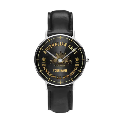 Personalized Australia Soldier/ Veteran With Name, Rank and Year Black Stitched Leather Watch - 26042401QA - Gold Version