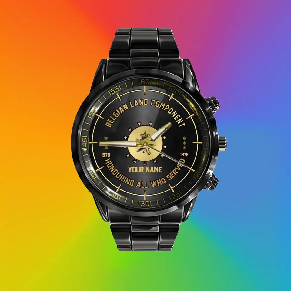 Personalized Belgium Soldier/ Veteran With Name, Rank and Year Black Stainless Steel Watch - 26042401QA - Gold Version