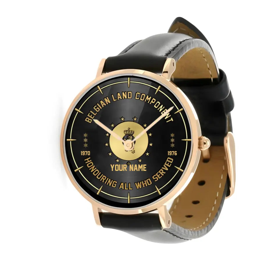 Montre personnalisée en cuir noir cousu pour soldat/vétéran belge avec nom, grade et année - 26042401QA - Version dorée