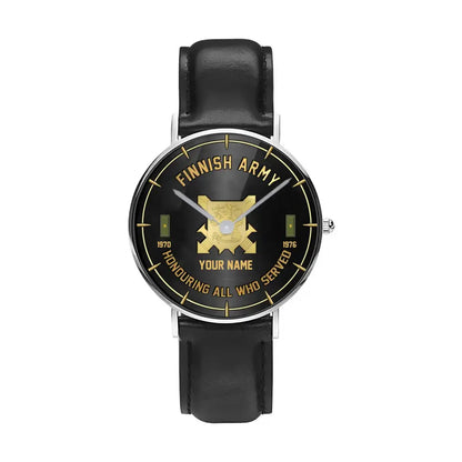 Personalized Finland Soldier/ Veteran With Name, Rank and Year Black Stitched Leather Watch - 26042401QA - Gold Version