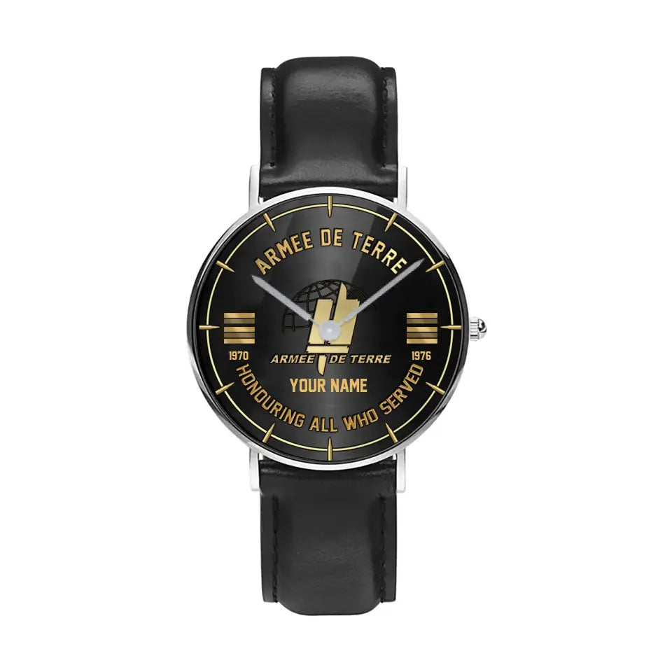 Personalized France Soldier/ Veteran With Name, Rank and Year Black Stitched Leather Watch - 17140896 - Gold Version