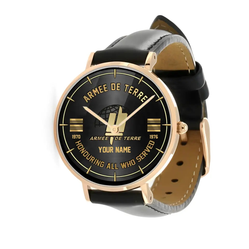 Personalized France Soldier/ Veteran With Name, Rank and Year Black Stitched Leather Watch - 17140896 - Gold Version