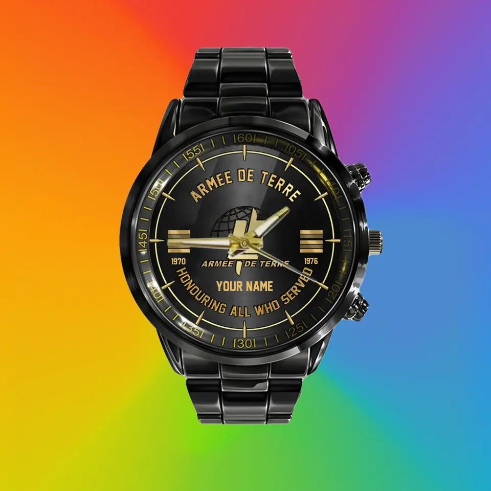 Personalized France Soldier/ Veteran With Name, Rank and Year Black Stainless Steel Watch - 17114112  - Gold Version