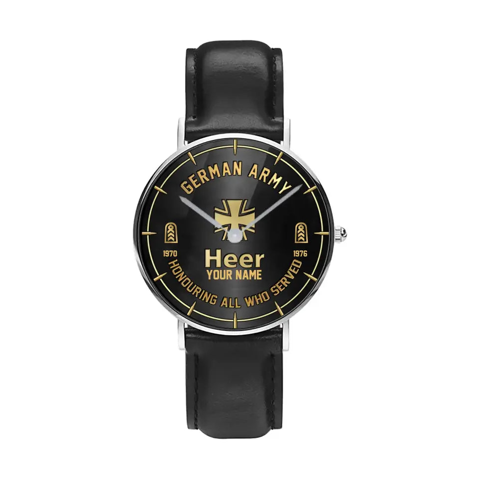 Personalized Germany Soldier/ Veteran With Name, Rank and Year Black Stitched Leather Watch - 17140896 - Gold Version