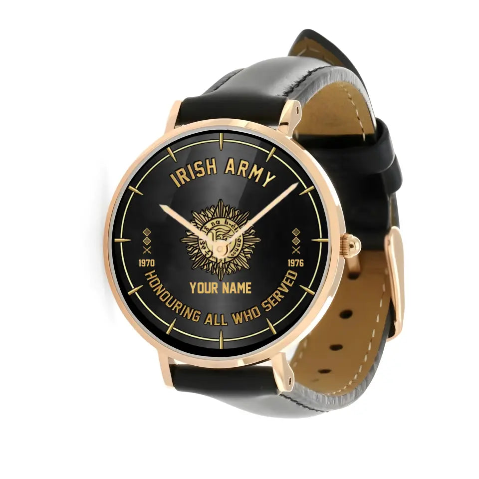 Personalized Ireland Soldier/ Veteran With Name, Rank and Year Black Stitched Leather Watch - 26042401QA - Gold Version