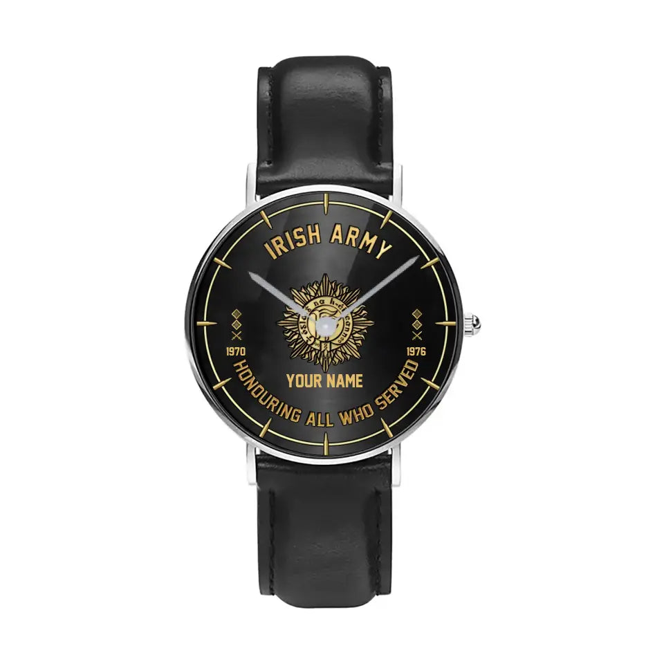 Personalized Ireland Soldier/ Veteran With Name, Rank and Year Black Stitched Leather Watch - 26042401QA - Gold Version