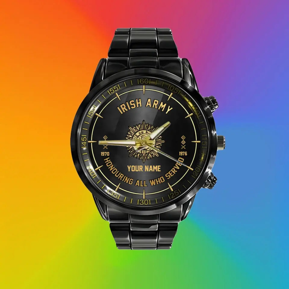Personalized Ireland Soldier/ Veteran With Name, Rank and Year Black Stainless Steel Watch - 26042401QA - Gold Version