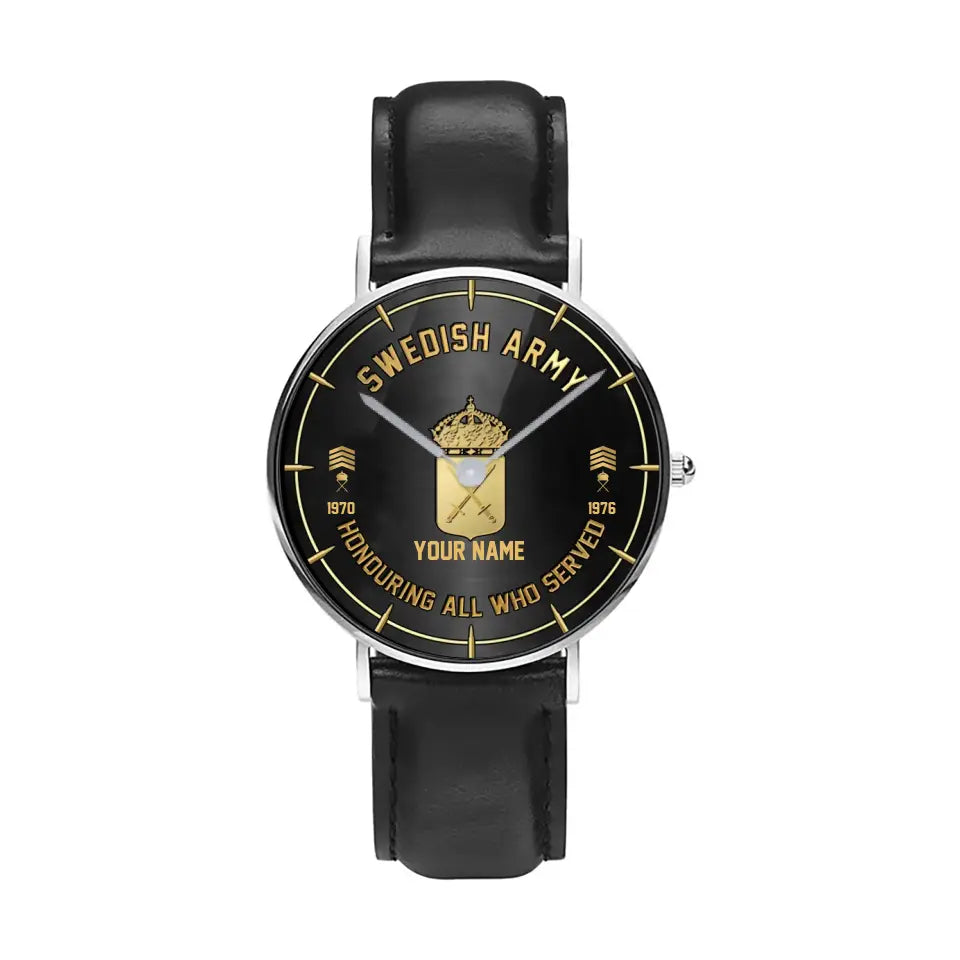 Personalized Sweden Soldier/ Veteran With Name, Rank and Year Black Stitched Leather Watch - 26042401QA - Gold Version