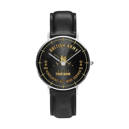 Montre personnalisée en cuir noir cousu pour soldat/vétéran britannique avec nom, grade et année - 26042401QA - Version dorée