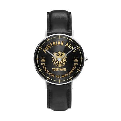 Personalized Austrian Soldier/ Veteran With Name, Rank and Year Black Stitched Leather Watch - 26042401QA - Gold Version