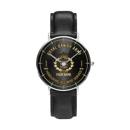 Personalized Denmark Soldier/ Veteran With Name, Rank and Year Black Stitched Leather Watch - 26042401QA - Gold Version