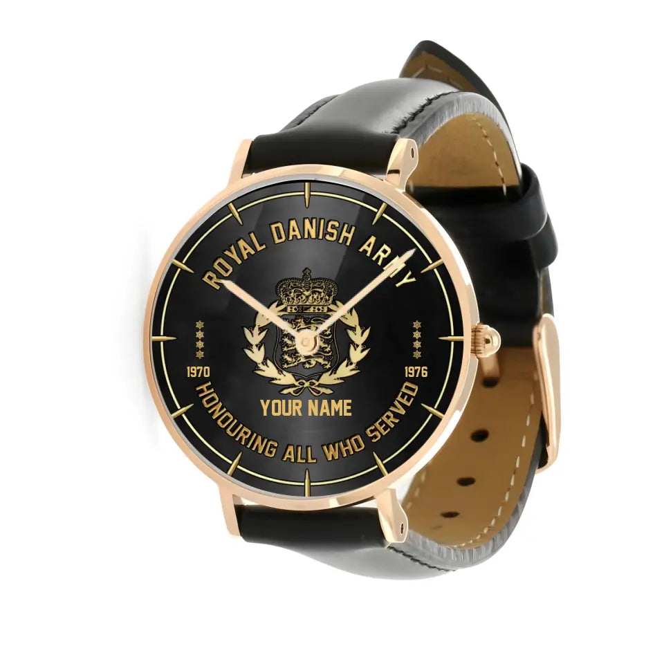 Personalized Denmark Soldier/ Veteran With Name, Rank and Year Black Stitched Leather Watch - 26042401QA - Gold Version
