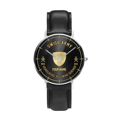 Personalized Swiss Soldier/ Veteran With Name, Rank and Year Black Stitched Leather Watch - 26042401QA - Gold Version
